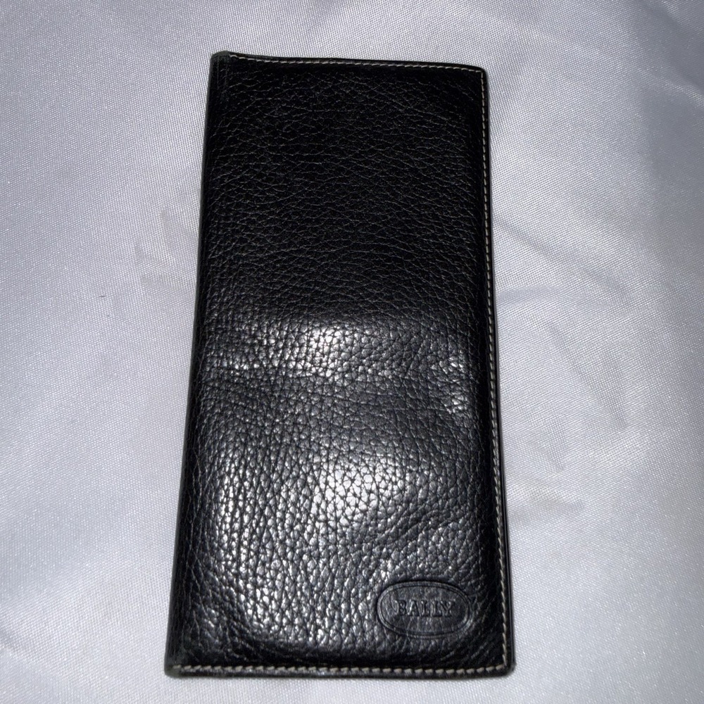 BALLY Bifold Long Rectangle Black Soft Pebbled Leather Wallet Card Holder Case